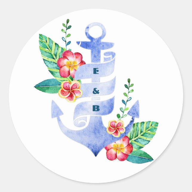 Sticker Rond Plage nautique Floral Blue Ancre phoque Mariage (Devant)
