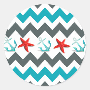 Sticker Rond Plage nautique thème Chevron Ancres Starfish