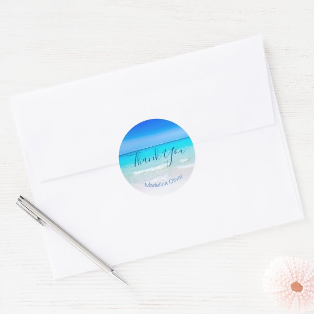 Sticker Rond Plage Ocean Blue Sand Merci moderne (Enveloppe)