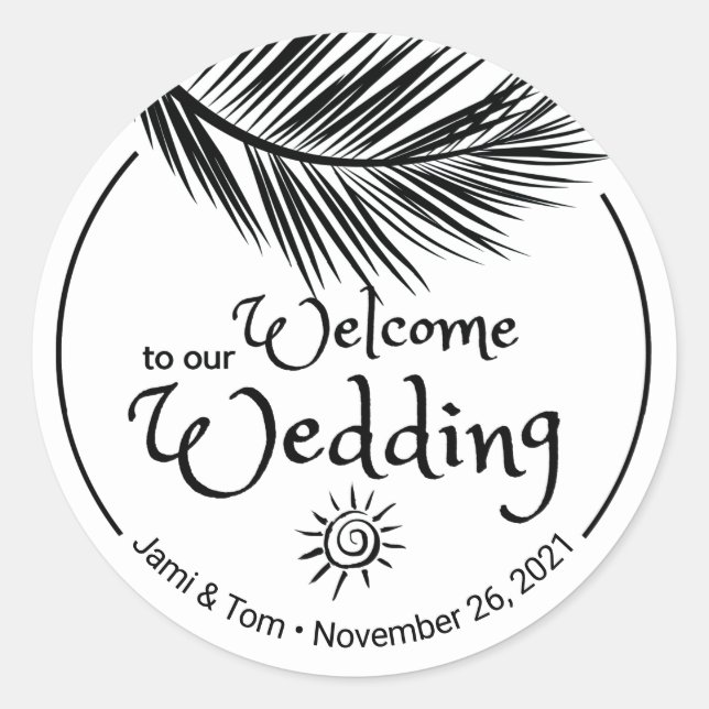 Sticker Rond Plage Palm Feuille Noir et Blanc Mariage Bienvenue (Devant)