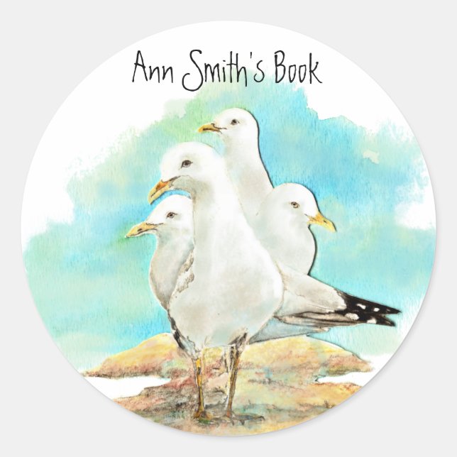 Sticker Rond Plage & Planche de livre Seagull à Customiser (Devant)