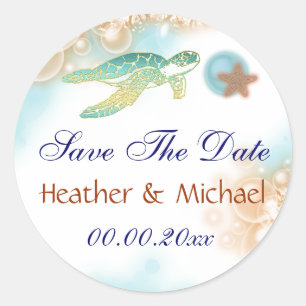 Sticker Rond Plage sauver la date tortue étoile