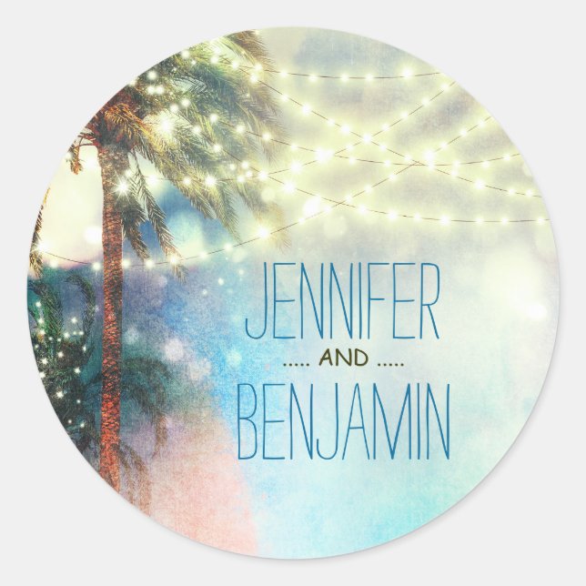 Sticker Rond Plage Sunset Palm Lights Aquarelle Mariage (Devant)