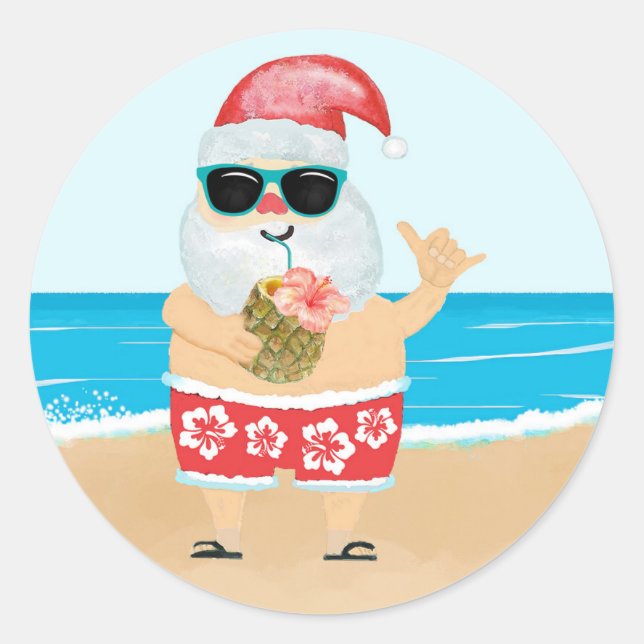 Sticker Rond Plage tropicale Aloha Hawaiian Père Noël (Devant)