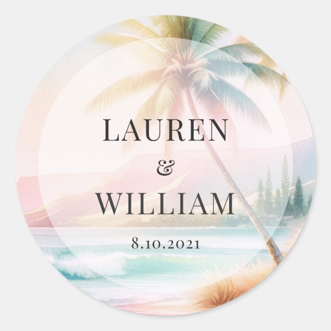 Sticker Rond Plage tropicale aquarelle Palm Tree Mariage (Devant)