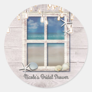 Sticker Rond Plage Tropicale Fenêtre Bois Blanc Élégant Style C