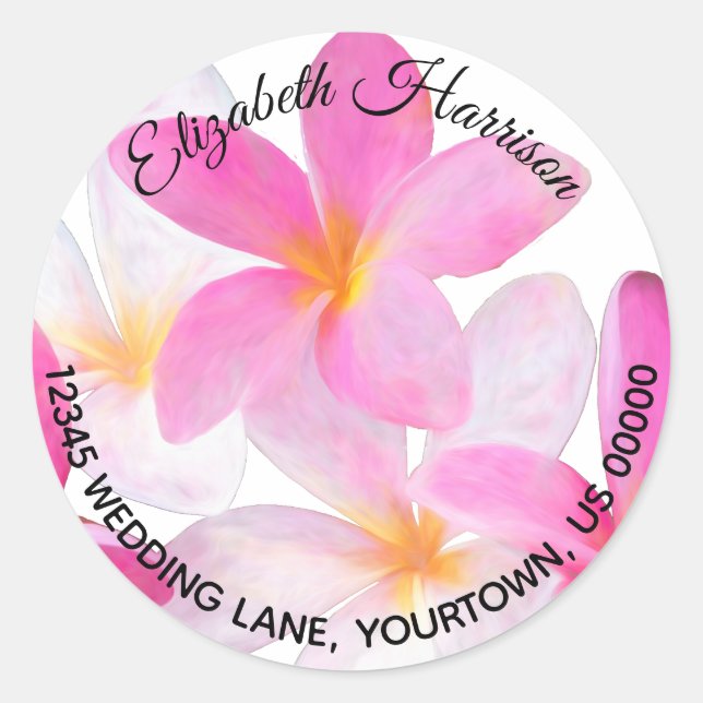 Sticker Rond Plage Tropicale Fleur de Frangipanier Rose Adresse (Devant)