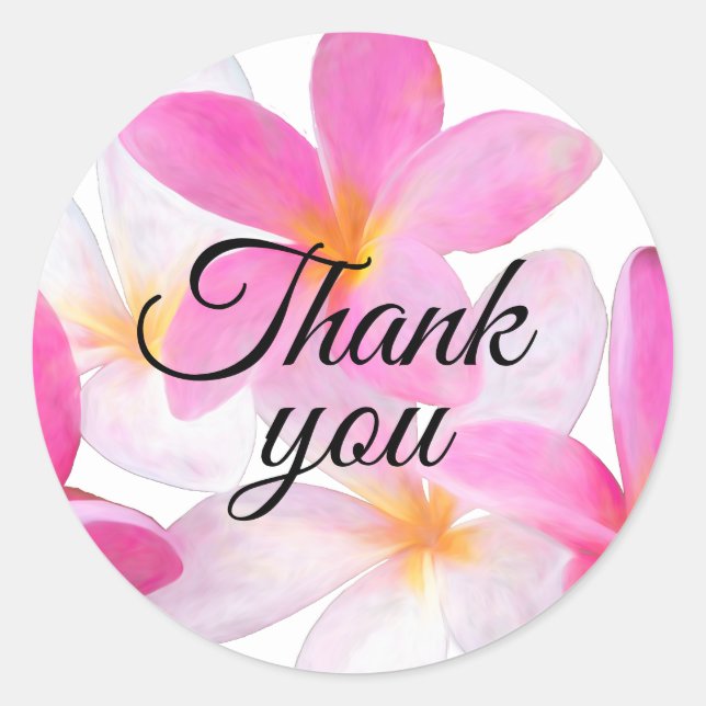 Sticker Rond Plage Tropicale Fleurs Roses Merci Mariage (Devant)