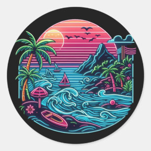 Sticker Rond Plage tropicale/néon hawaïen