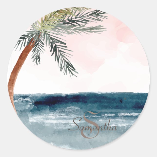 Sticker Rond Plage tropicale palmier-monogramme (Devant)