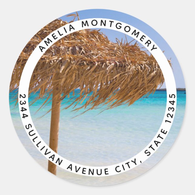 Sticker Rond Plage tropicale panoramique avec adresse de parapl (Devant)