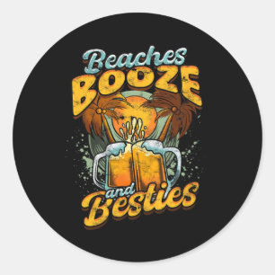 Sticker Rond Plages Booze Et Besties - Boisson De Bière Nature