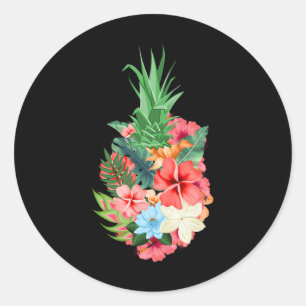 Sticker Rond Plages d'Aloha Ananas Été - Fleurs Tropical