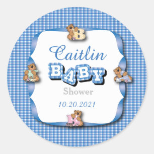 Sticker Rond Plaid bleu avec ours bébé Baby Boy Shower