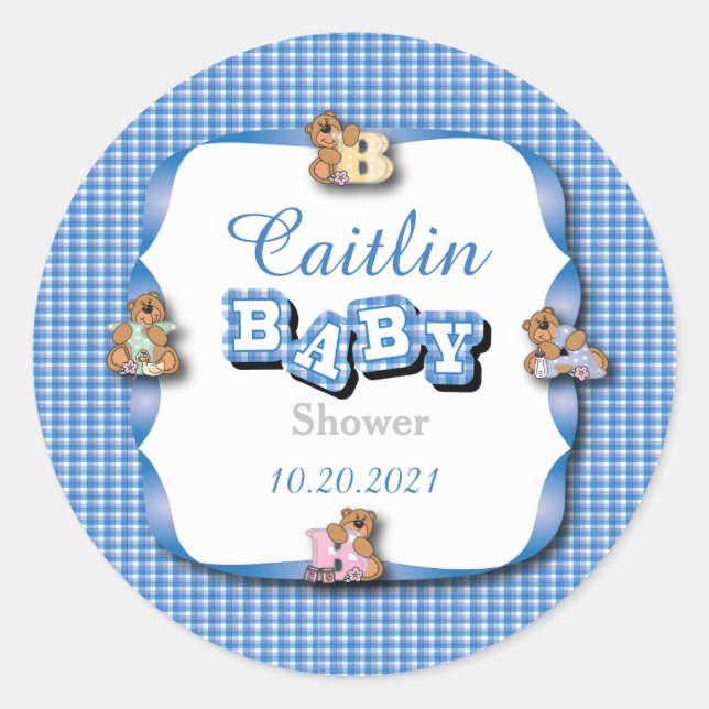 Sticker Rond Plaid bleu avec ours bébé | Baby Boy Shower (Devant)