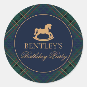 Sticker Rond Plaid Cheval à Bascule Invitation Anniversaire Joi