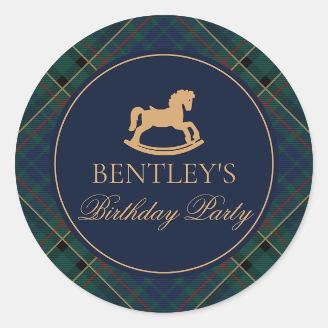 Sticker Rond Plaid Cheval à Bascule Invitation Anniversaire Joi (Devant)