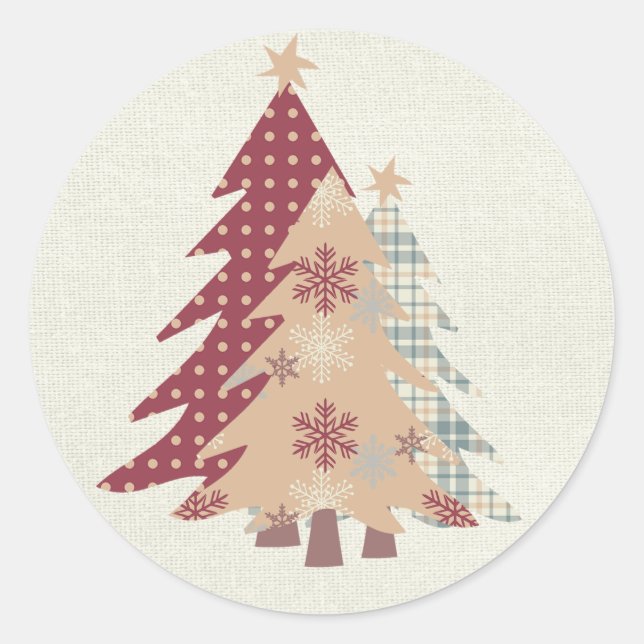 Sticker Rond Plaid Country, Points, Sapins de Noël enneigés (Devant)