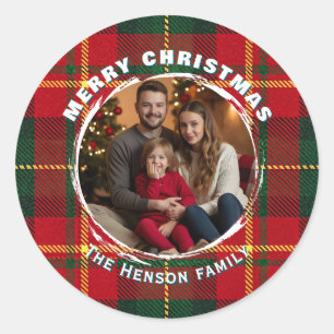 Sticker Rond Plaid de photo de famille personnalisé traditionne
