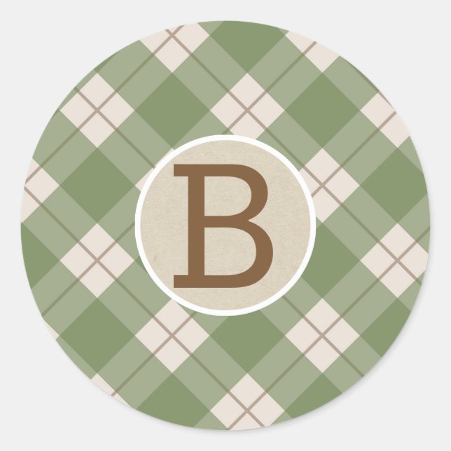 Sticker Rond Plaid Kraft Monogram Rustique Vert Rouge Campagne (Devant)