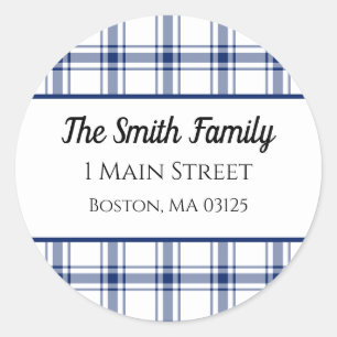 Sticker Rond Plaid Nautical Bleu et Blanc