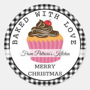 Sticker Rond Plaid Noir Cuit Avec Des Cupcakes De Noël Amoureux