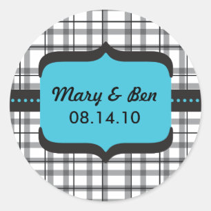 Sticker Rond Plaid noir et monogramme bleu de mariage