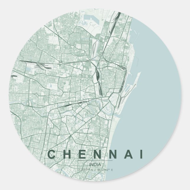 Sticker Rond Plan de la ville de Chennai en Inde, design minima (Devant)