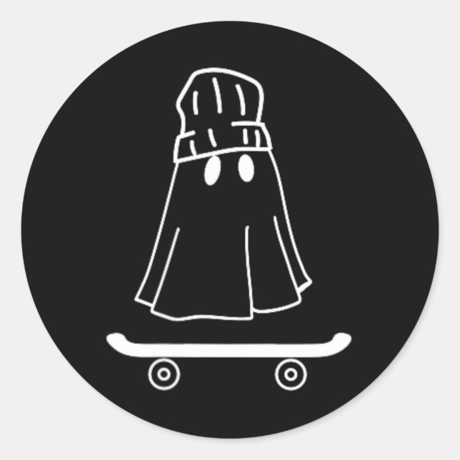 Sticker Rond Planche à roulettes fantôme d'Halloween minimal et (Devant)