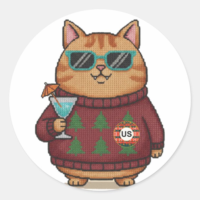 Sticker Rond Planche d'autocollants de Noël de chat de pull moc (Devant)