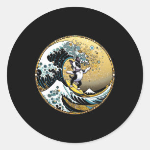 Sticker Rond Planche de surf Dancing Dog Great Wave Surfing - B