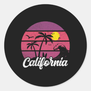 Sticker Rond Planche de surf de plage de vague de coucher de so