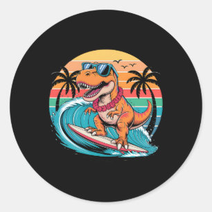 Sticker Rond Planche de surf dinosaure drôle plage été surfant 