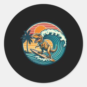 Sticker Rond Planche de surf dinosaure drôle Plage Été Surfant 