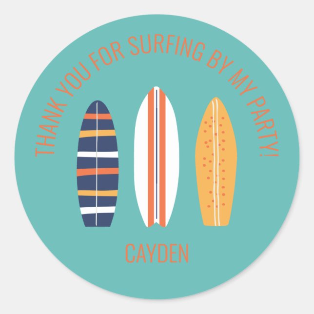 Sticker Rond planche de surf garçon surf agitée Fête d'annivers (Devant)