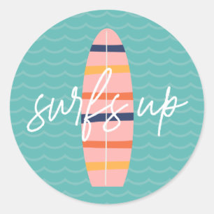 Sticker Rond Planche de surf rose et vagues Fête d'anniversaire