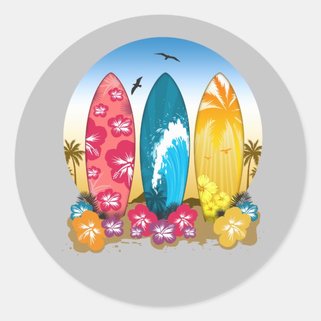 Sticker Rond Planche de surf sur la plage (Devant)