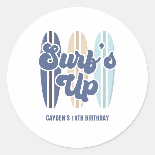 Sticker Rond Planche de surf Surf's Up Beach Anniversaire Class (Devant)