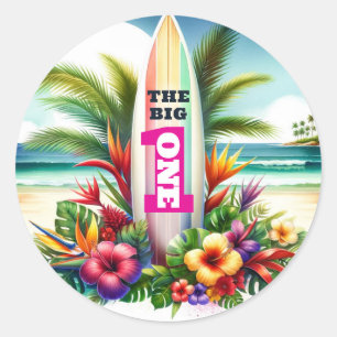 Sticker Rond Planche de surf Tropicale Le Gros UNE 1ère Fête d'