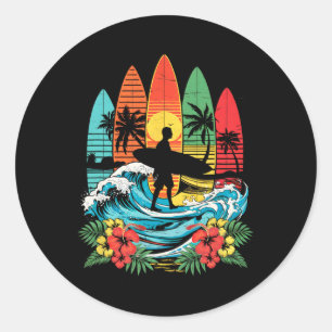 Sticker Rond Planchiste Hawaï Vague Surf Plage Amateur de Surf