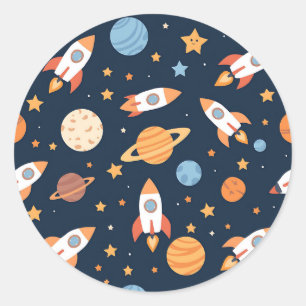 Sticker Rond Planètes Fusées Espace Motif Mignon
