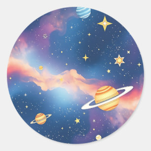 Sticker Rond Planètes Galaxie Rêveuse Motif Étoiles
