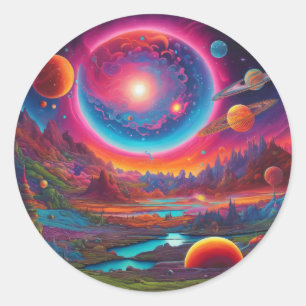 Sticker Rond Planètes sauvages art psychédélique