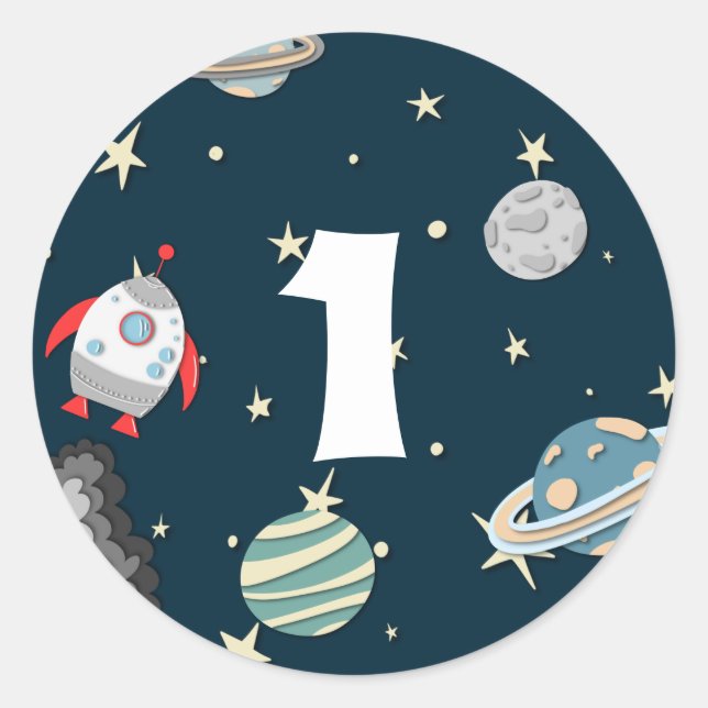 Sticker Rond Planètes spatiales et roquette Galaxie Premier ann (Devant)