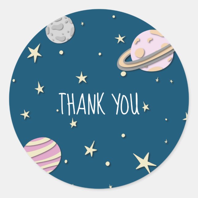 Sticker Rond Planètes spatiales roses modernes Lune Étoiles Mer (Devant)