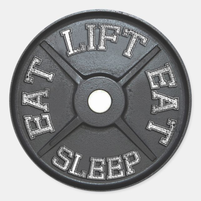 Sticker Rond Plaque Barbell - Ascenseur, Manger, Sommeil (Devant)