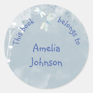 Sticker Rond Plaque de livre de libellules Bleu Blanc