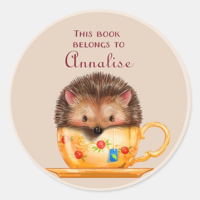 Sticker Rond Plaque de nom de livre avec un hérisson mignon dan (Devant)