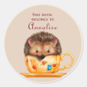 Sticker Rond Plaque de nom de livre avec un hérisson mignon dan