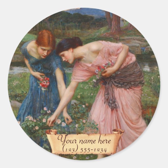 Sticker Rond Plaque pré-Raphaelite "Rassembler Ye Rosebuds" (Devant)